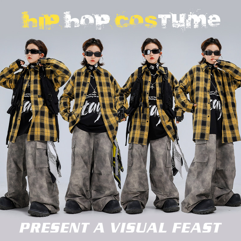 复古黄格子衬衫外套男女宽松街头风演出服儿童表演服装,童装/婴儿装/亲子装,儿童演出服,淘宝优惠券,粉丝福利购,淘宝优惠卷