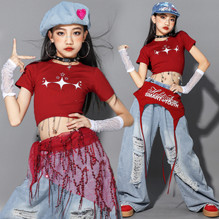 女童jazz爵士舞演出服少儿走秀套装儿童街舞服装女孩牛仔裤子潮装