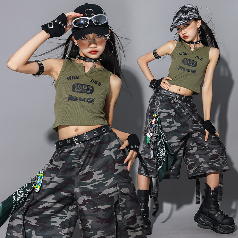 女童爵士舞迷彩演出服少儿jazz背心套装儿童街舞服装女孩裤子潮装
