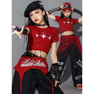 女孩走秀潮装 女童jazz红色爵士舞演出服少儿女团套装 儿童街舞服装