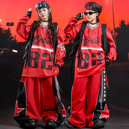 儿童街舞潮服嘻哈男宽松红