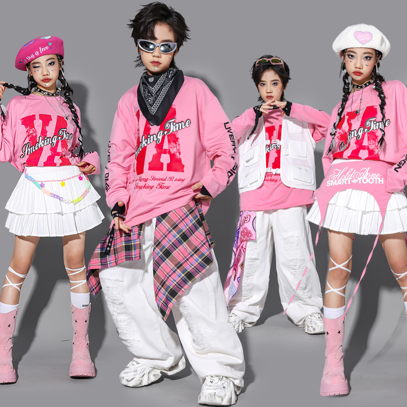 儿童粉色嘻哈街舞演出服裤