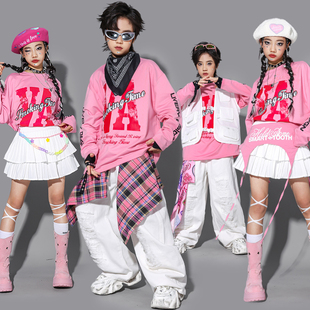儿童粉色嘻哈街舞演出服裤子少儿hiphop马甲套装女童爵士舞服装潮