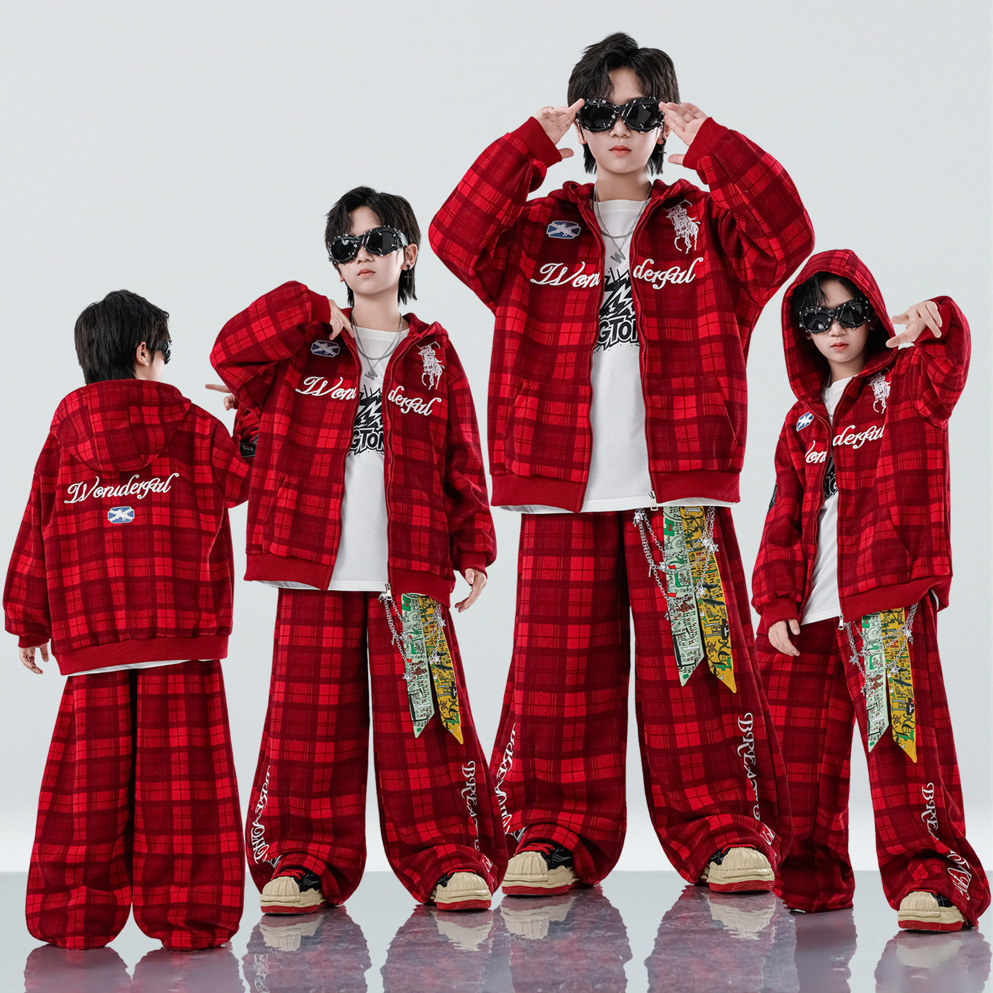 街舞儿童潮服hiphop童装架子鼓演出服男童格子美式红色嘻哈表演服