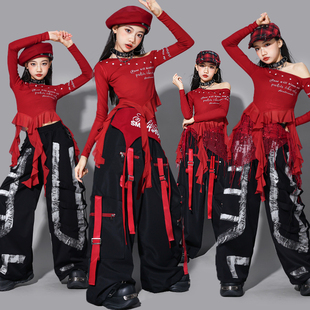 女童红色jazz爵士舞服装少儿练功服套装儿童街舞演出服女孩裤子潮