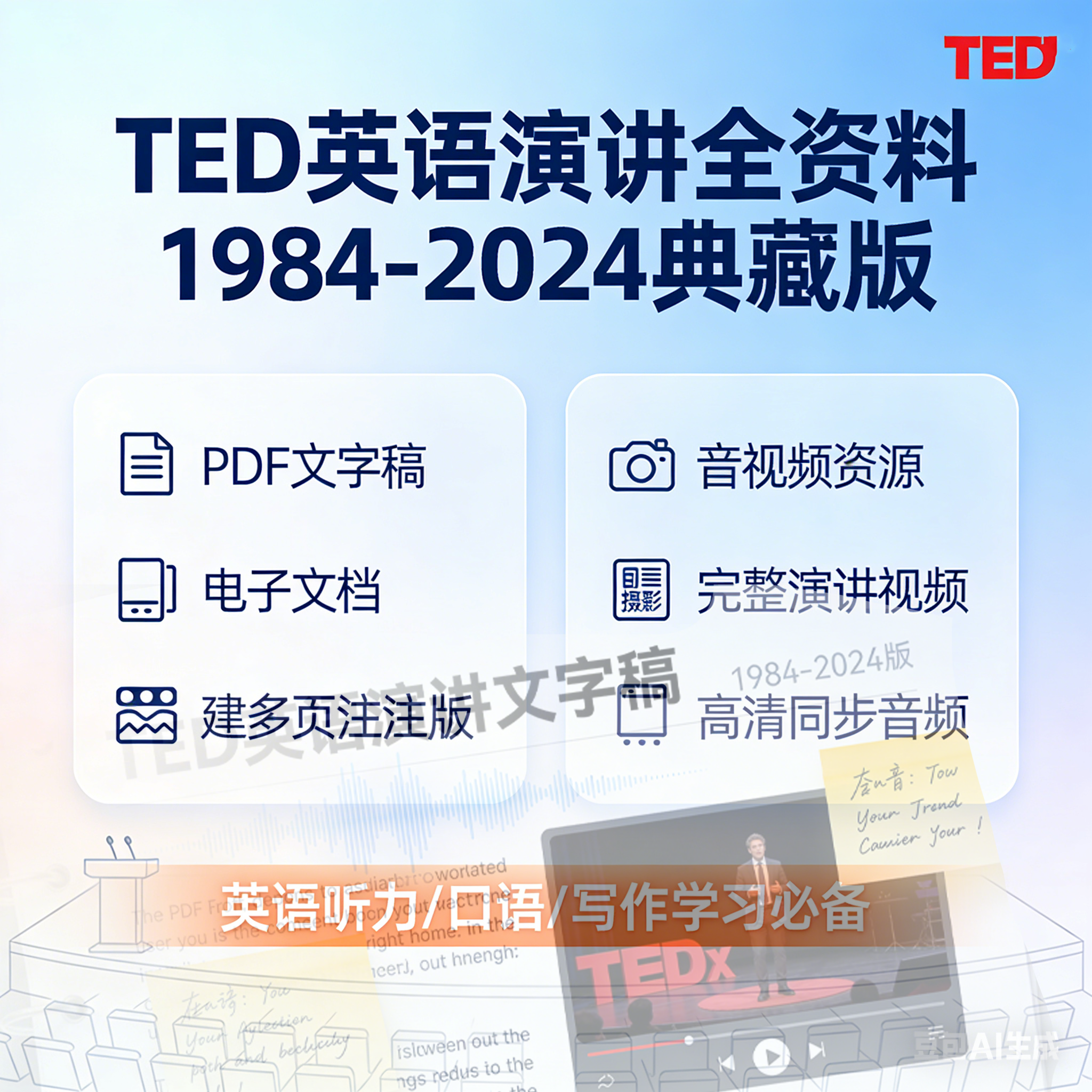 TED英语演讲文字稿电子文档/视频/音频PDF活页注释1984-2024版