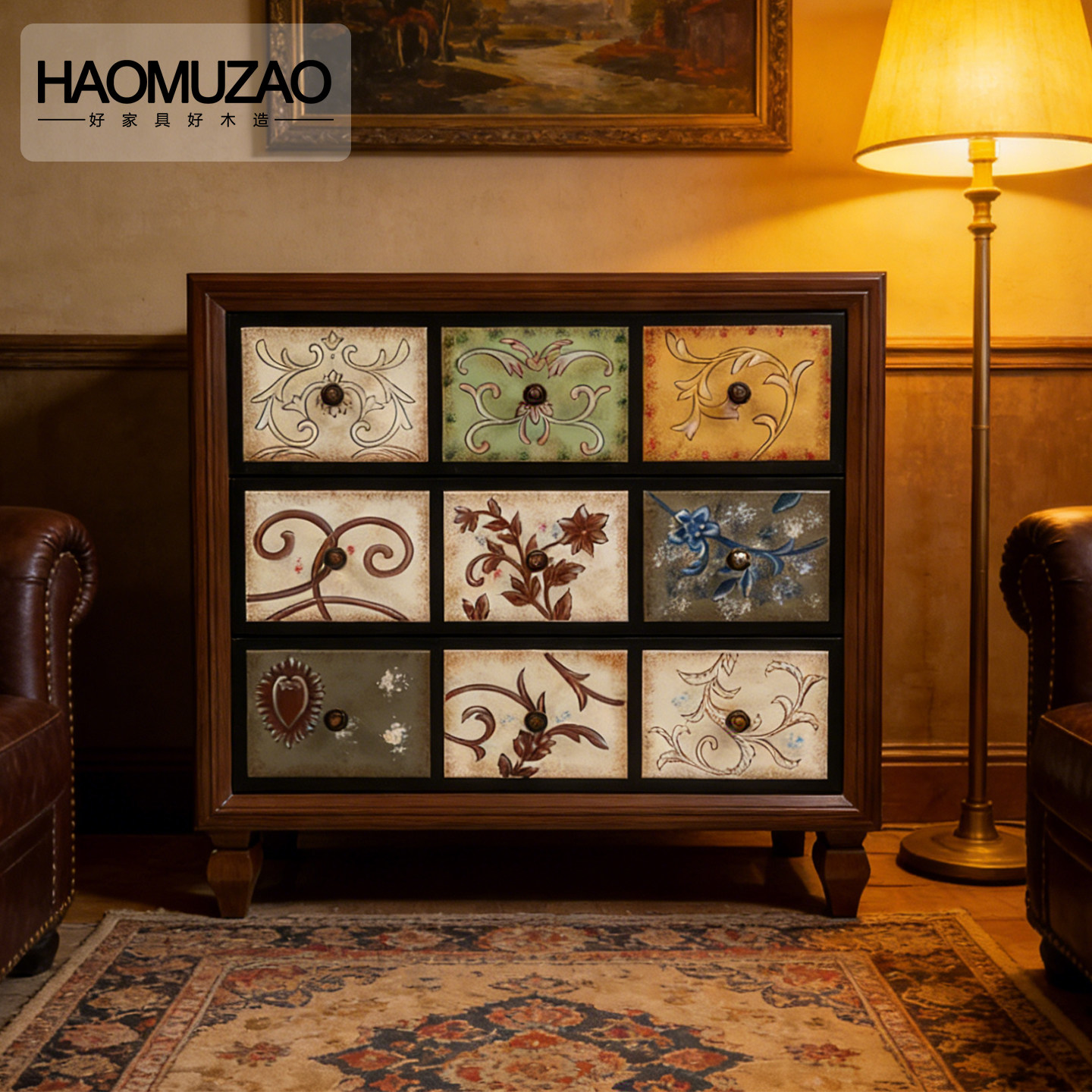 中古风实木彩绘斗柜客厅复古三抽屉式收纳储物柜卧室美式装饰柜子