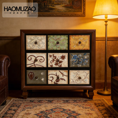 中古风实木彩绘抽屉斗柜客厅卧室
