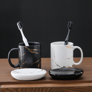 酒店名宿洗漱杯情侣牙刷杯轻奢高端陶瓷家用牙杯洗漱杯一对肥皂碟