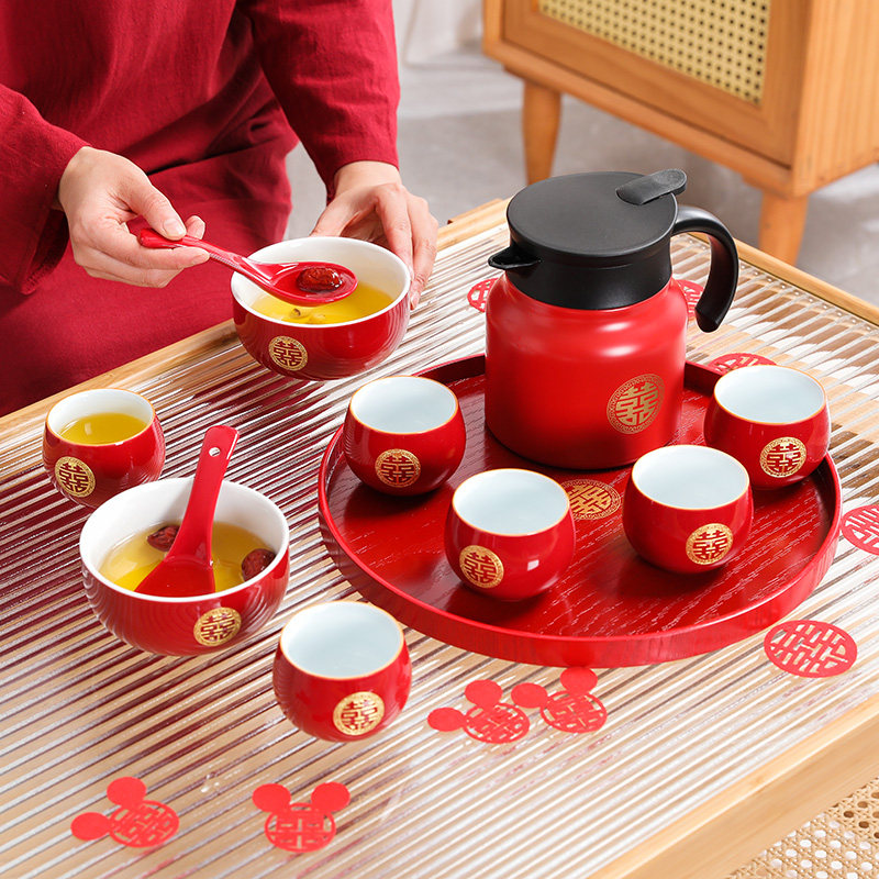 结婚红色敬茶杯家用功夫茶具套装新婚陪嫁伴手礼茶杯高档婚庆用品