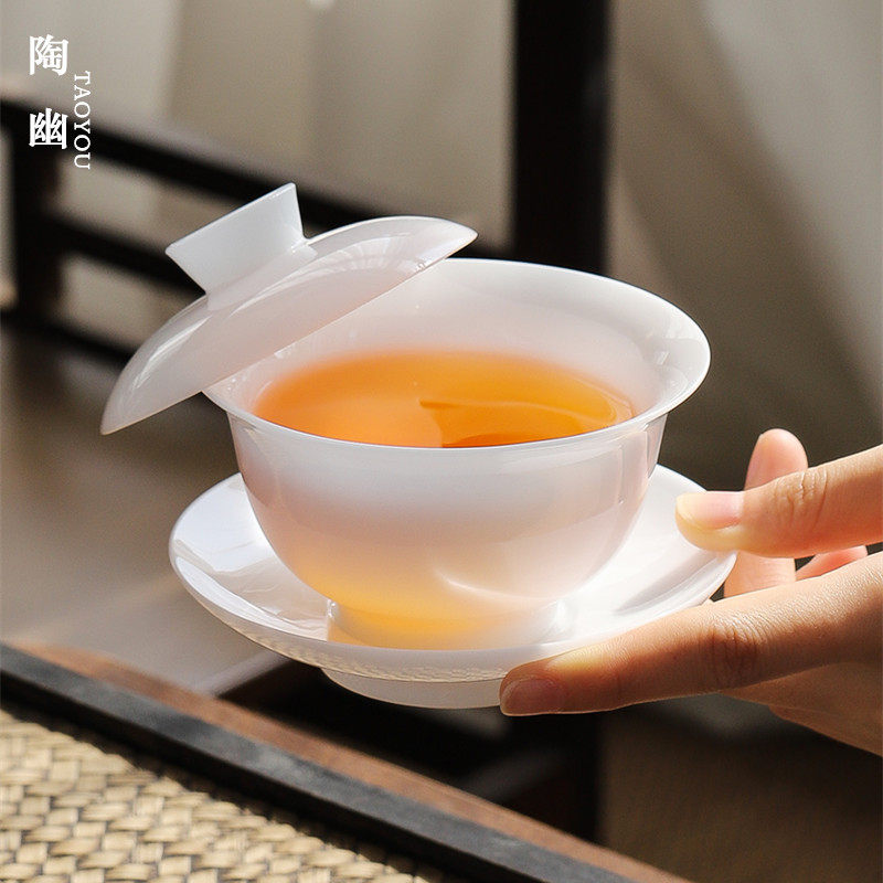 冰种璞玉瓷悬停盖碗茶杯白瓷三才茶碗套装家用茶具大号不烫手单个