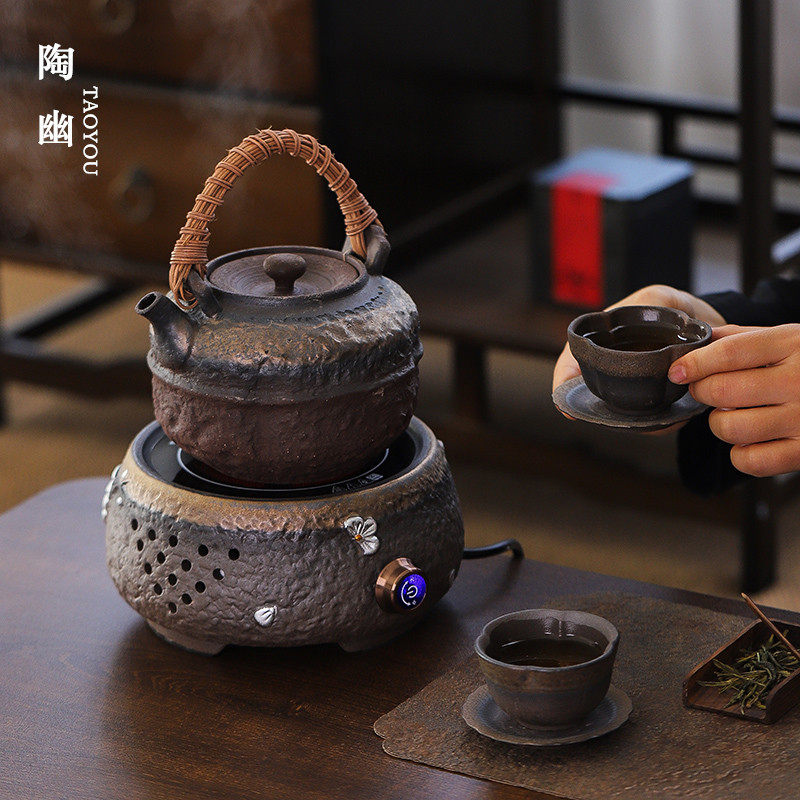 复古柴烧粗陶茶壶煮茶壶黑晶炉家用烧水单壶泡茶专用提梁壶煮茶器