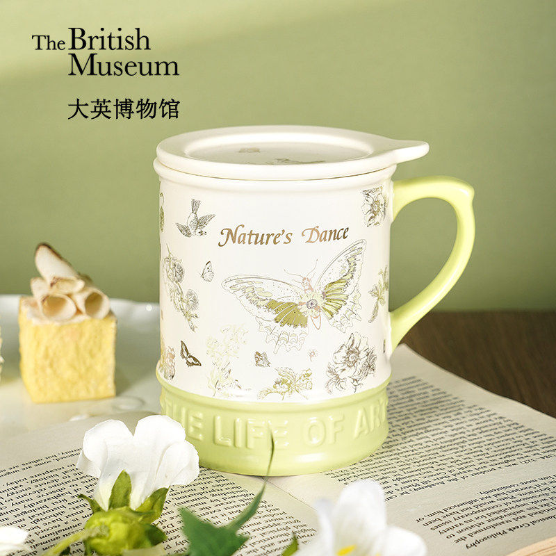 大英博物馆博物志系列蝴蝶复古浮雕带盖陶瓷马克杯大容量杯子女
