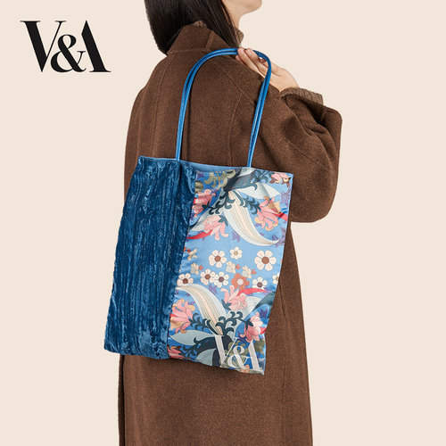 大英博物馆×VA博物馆百合茛苕丝绒拼接帆布包单肩包手拎包通勤
