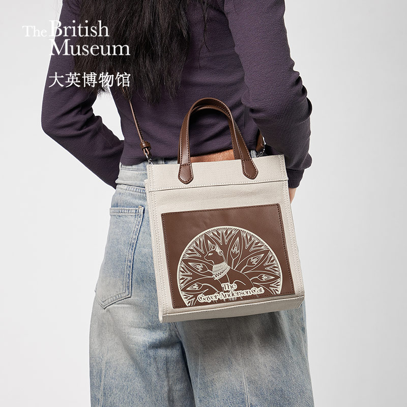 大英博物馆盖亚安德森猫系列休闲帆布手拎包斜挎包-米咖色