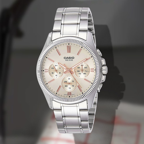 CASIO卡西欧手表男 MTP-1375D-7A2 商务防水三眼钢带指针石英表