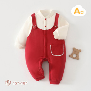女宝宝连体衣秋冬季长袖爬爬服80G加厚棉服红色喜庆新生婴儿哈衣