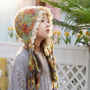 儿童针织帽子女童彩色编织可爱花边秋冬季女孩宝宝保暖套头护耳帽