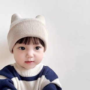 宝宝毛线帽秋冬韩版男女儿童帽子恶魔角纯色婴幼儿针织护耳帽外出