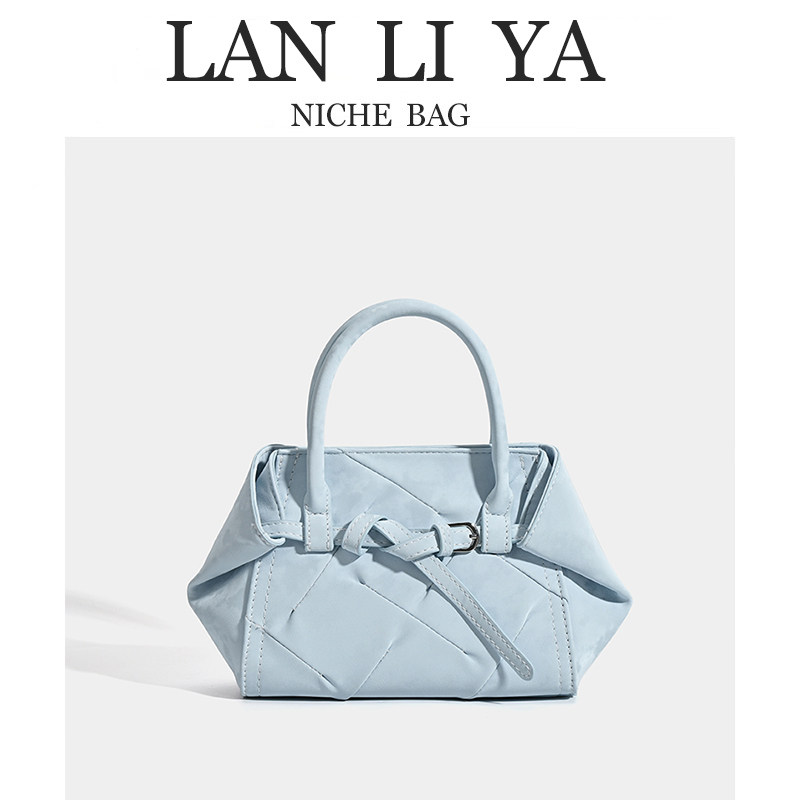 兰莉娅小众设计菱格纹折耳手提包女baby蓝百搭皮带扣轻奢包斜挎包