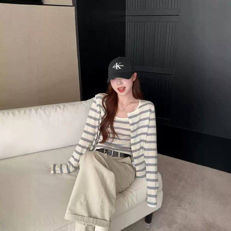 休闲套装新款防晒条纹针织开衫外套女早秋吊带背心上衣打底两件套