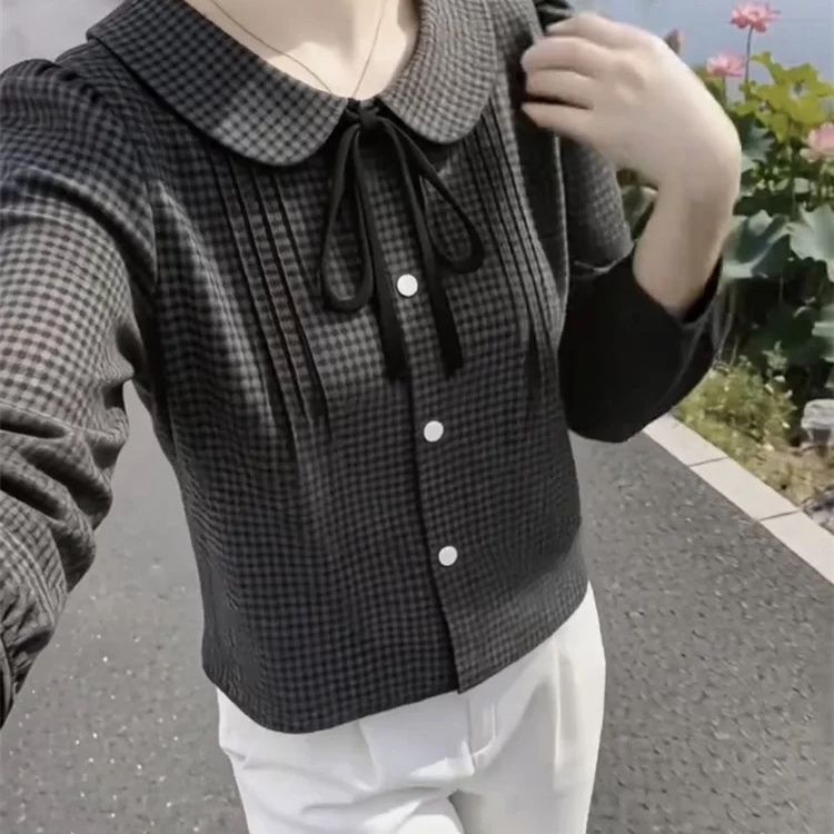 2026新款娃娃领衬衫女长袖宽松休闲百搭上衣时尚格纹衬衫