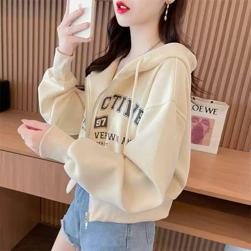 华棉短款开衫卫衣女2025新款爆款宽松百搭美式辣妹双向拉链外套潮