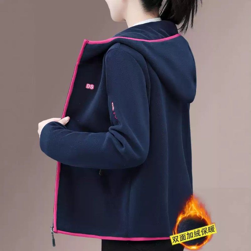 摇粒绒外套女秋冬季新款加绒开衫连帽女士卫衣大码保暖抓绒衣上衣