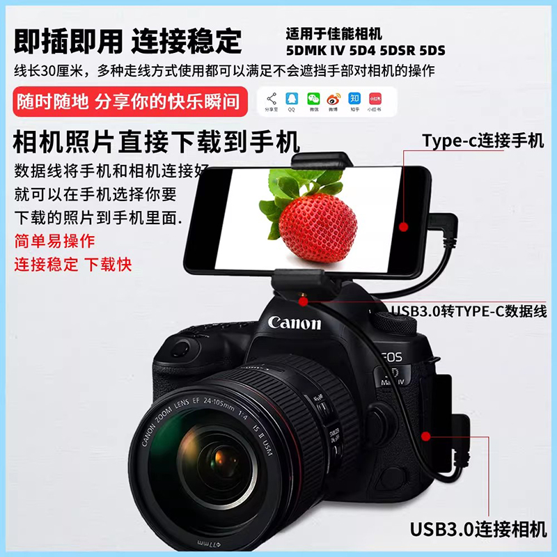 适用于佳能5D4/7D2/1dx2尼康D810/D850连接手机相机照片直播线喔图像素蛋糕Ipad平板小米VIVO苹果17type-c