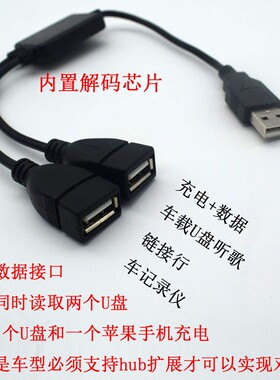 适用于车载usb扩展器一拖二车用导航数据充电分线器一分三汽车usb分接口 双U盘双数据同时充电传数据