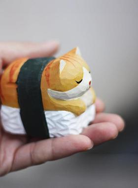 鹿妖商店 寿司猫 饭团猫 橘猫 猫咪纯手工木雕 实木桌面摆件 礼物