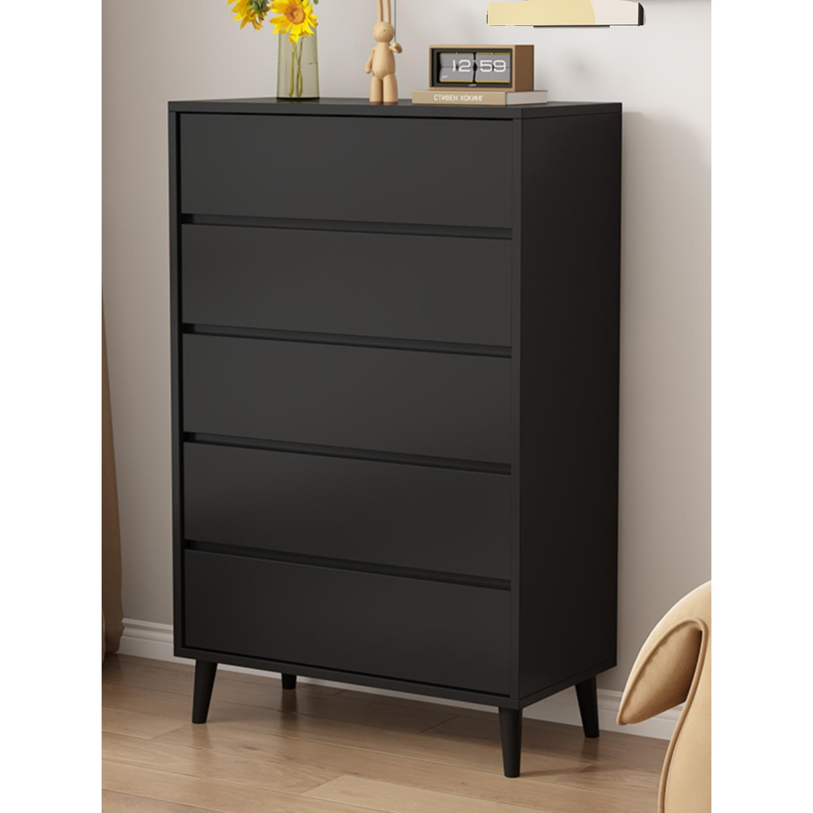 极简现代实木四斗柜卧室床尾收纳柜30cm深黑色五斗抽屉储物柜客厅