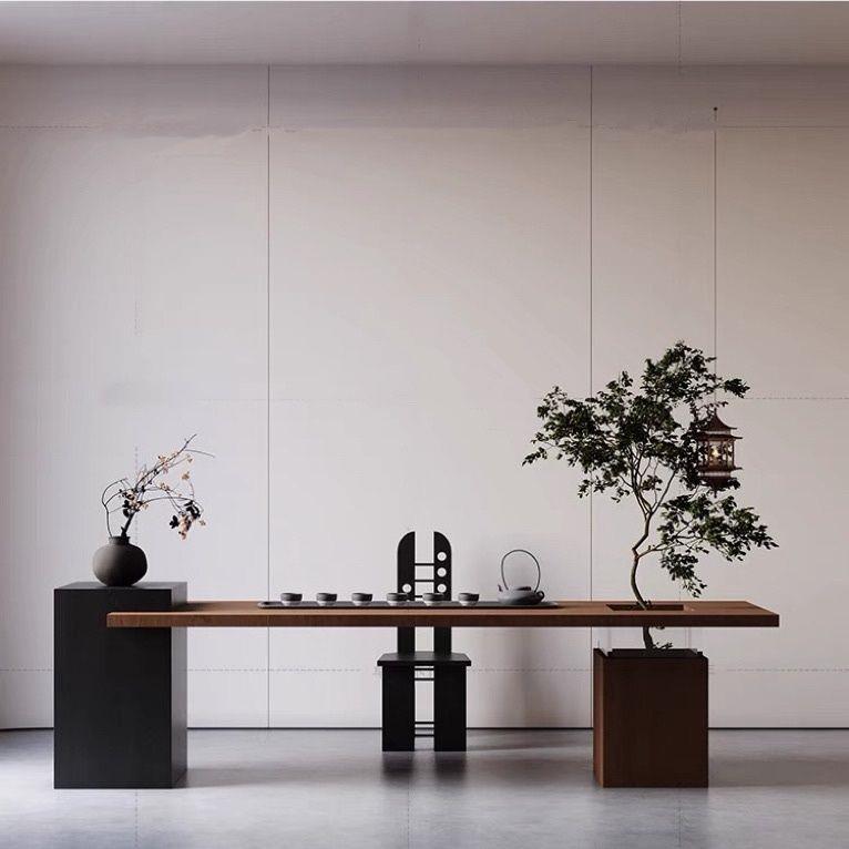 新中式茶台客厅家用茶几现代简约阳台茶桌设计师实木导台绿植茶桌