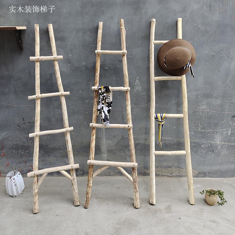 复古实木装饰梯子落地置物架衣帽架童装拍照道具房间服装店挂衣架