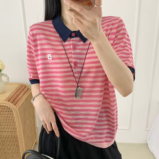 T恤衫 欧货2025夏季 POLO宽松薄款 新款 上衣女 别致好看撞色条纹短袖