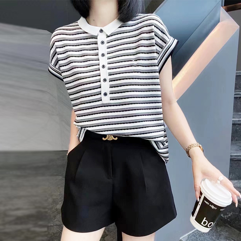 短袖洋气polo小翻领针织衫上衣女