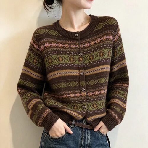 羊毛费尔岛提花针织开衫女复古