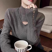 100%羊毛欧货2026高领内搭设计感镂空百搭针织衫 洋气打底衫 上衣女