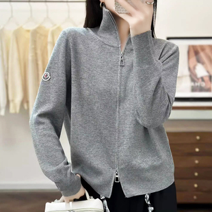 100%羊毛欧货2026极简风双拉链高领高级感针织开衫薄款毛衣外套女
