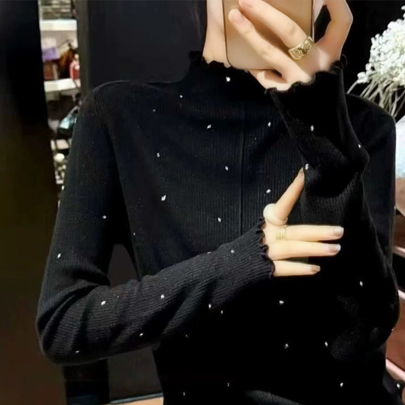 立领花边修身薄款满天星烫钻针织