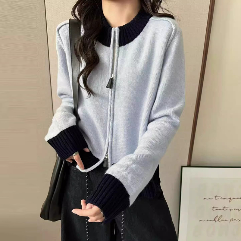 100%羊毛欧货2025新款加厚拼接拼色双拉链立领短款针织开衫外套女