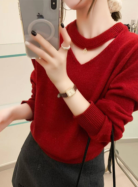 2026新款法式温柔风V领挂脖镂空红色高级感毛衣针织衫上衣女