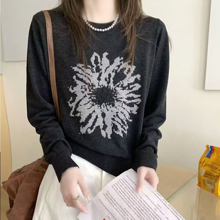 80%羊毛欧货2026新款高级拼色提花长袖薄款软糯针织衫圆领上衣女