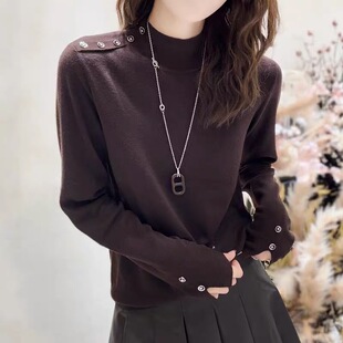 针织衫 90%羊毛2025新款 纽扣减龄毛衣打底衫 半高领长袖 上衣女 时尚