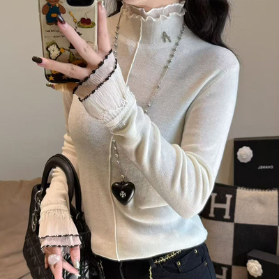 蕾丝拼接袖口修身立领打底衫