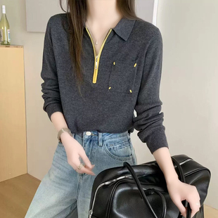 90%细羊毛2025秋新款 上衣女 高级感翻领半拉链拼色口袋毛衣针织衫