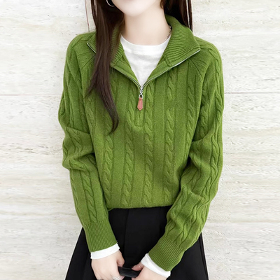 半拉链翻领显白厚款麻花针织衫