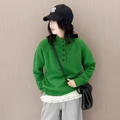 针织衫女款立领纽扣宽松羊毛长袖