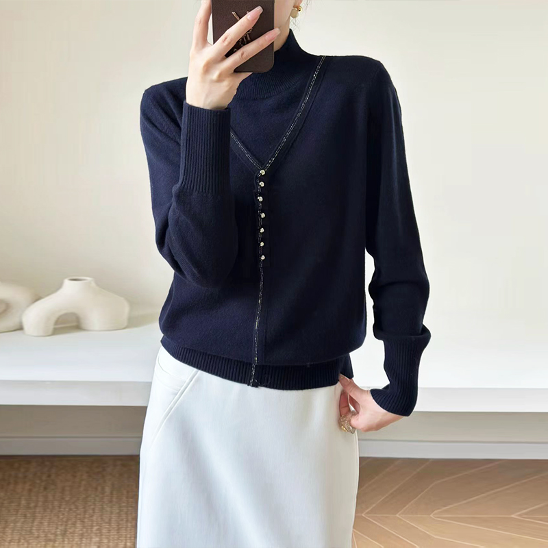 立领气质高级感镶钻拼接假两件