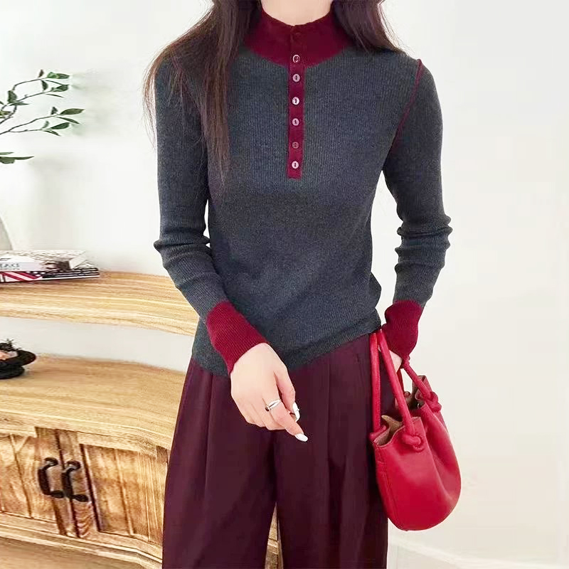 羊毛套头立领修身拼色纽扣